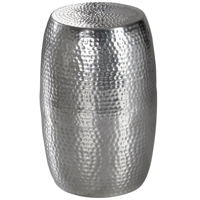 Beistelltisch Aluminium Silber rund orientalisch Hammerschlag in Gesamtansicht von vorne mit gehämmerter Oberflächenstruktur.