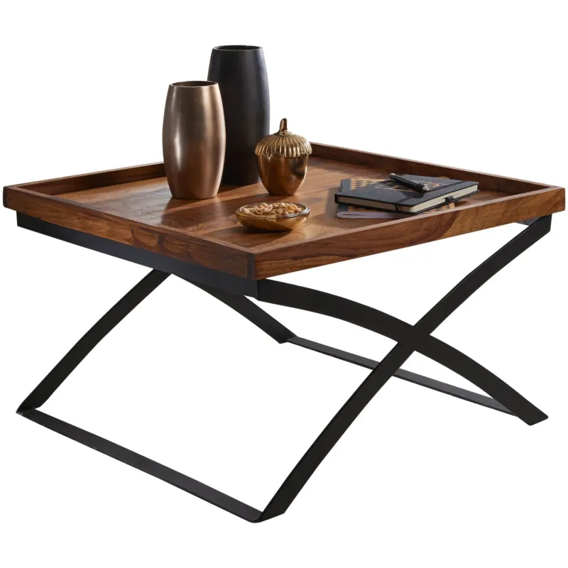 Couchtisch WL5.595 mit Sheesham-Holzplatte und schwarzem X-förmigen Metallgestell in Gesamtansicht.