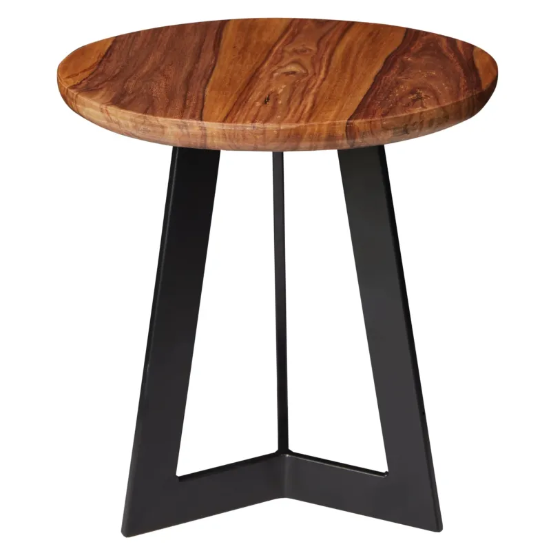 Gesamtansicht des Beistelltisches WL5.665 mit runder Sheesham-Holzplatte und schwarzem Metallgestell im Industrial Style.