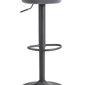 Barhocker Samt Dunkelgrau mit grauem Samtsitz, schwarzem Metallgestell und Fußstütze in Gesamtansicht.