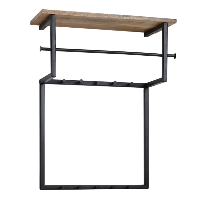 Wandgarderobe Mango mit Holzablage oben, Metallstange und Hakenleiste unten, Gesamtansicht.