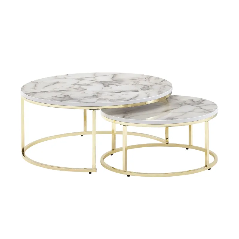 Couchtisch 2er Set Rund Weiß Gold mit runden Marmoroptik-Platten und goldenen Metallgestellen in Gesamtansicht.