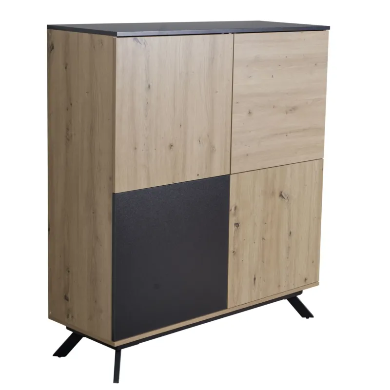 Highboard 110x125x40cm mit Eiche-Dekor-Fronten, schwarzer Akzentfläche und Metallbeinen in Gesamtansicht.