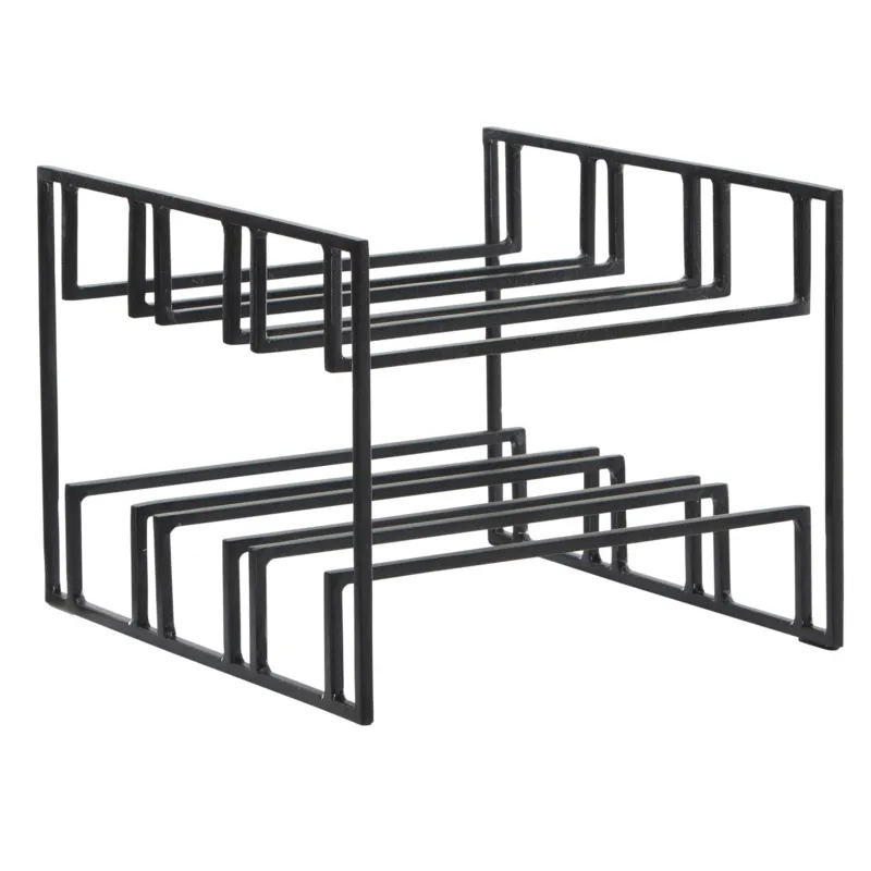 Weinregal 6 Flaschen Metall Schwarz Modern in Gesamtansicht mit zwei Etagen und geometrischem Stahlrahmen.