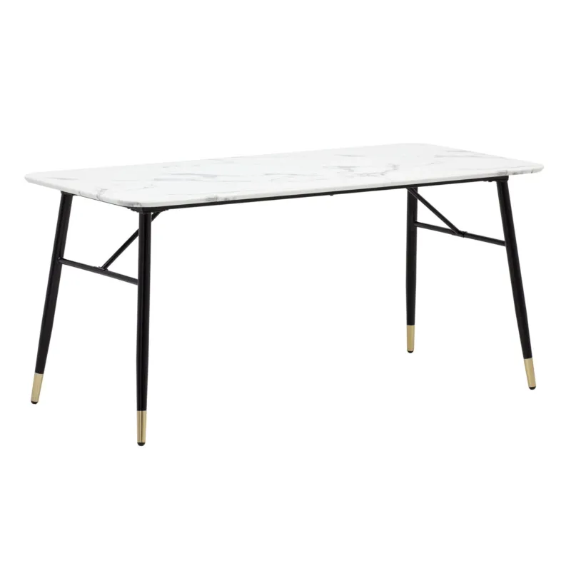 Esszimmertisch 140x80x76cm Marmor-Optik Weiß mit schwarzen Metallbeinen in Gesamtansicht.