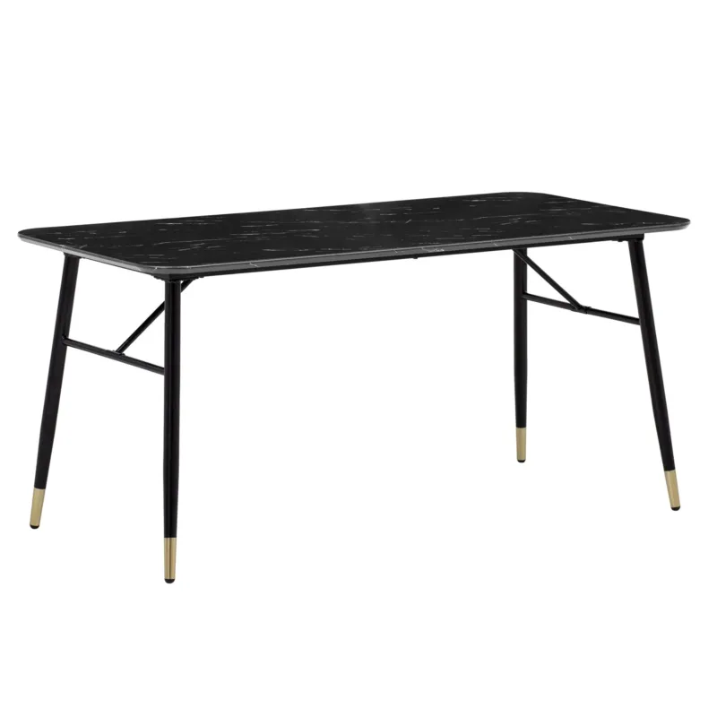 Esstisch 140x80cm Marmor-Optik Schwarz mit schwarzen Metallbeinen und messingfarbenen Füßen, Gesamtansicht.