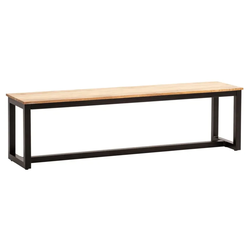 Esszimmerbank 180x40x45cm Akazie mit schwarzem Metall-Untergestell in Gesamtansicht.