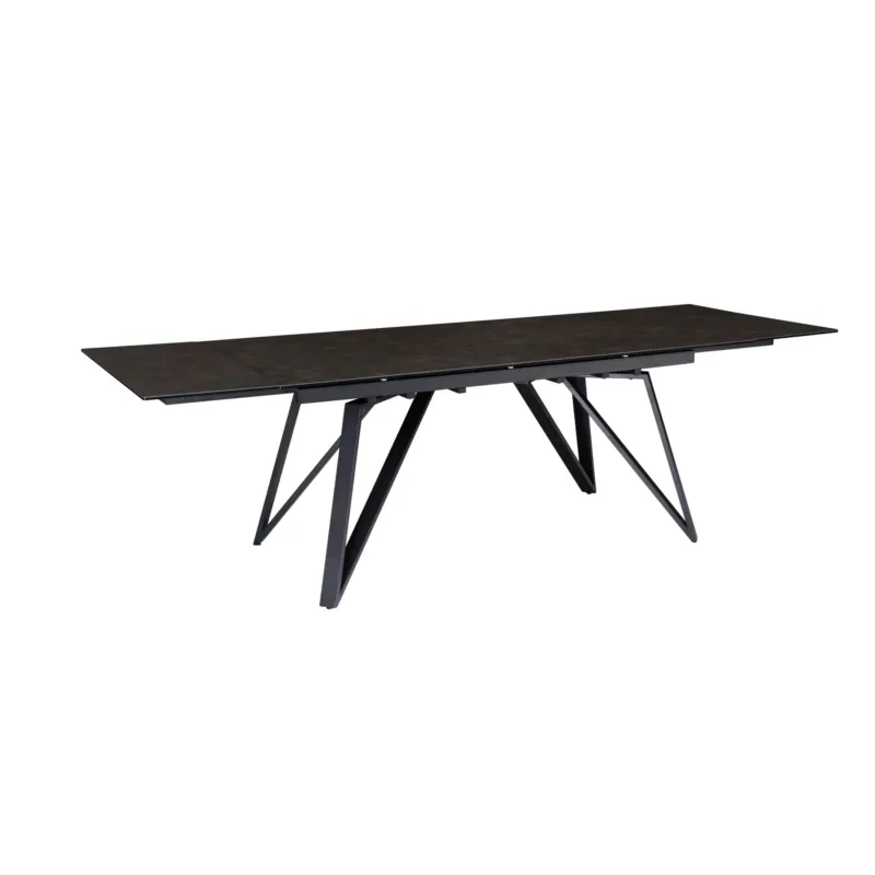 Esstisch 180-260cm Ausziehbar Keramik Glas Schwarz mit schwarzer Keramikplatte und Metallbeinen in Gesamtansicht.