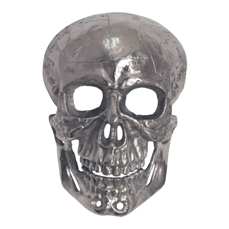Wanddeko Totenkopf Aluminium Silber 41cm Schädel Modern Deko in Silber mit reliefierter Oberflächenstruktur, Frontalansicht.