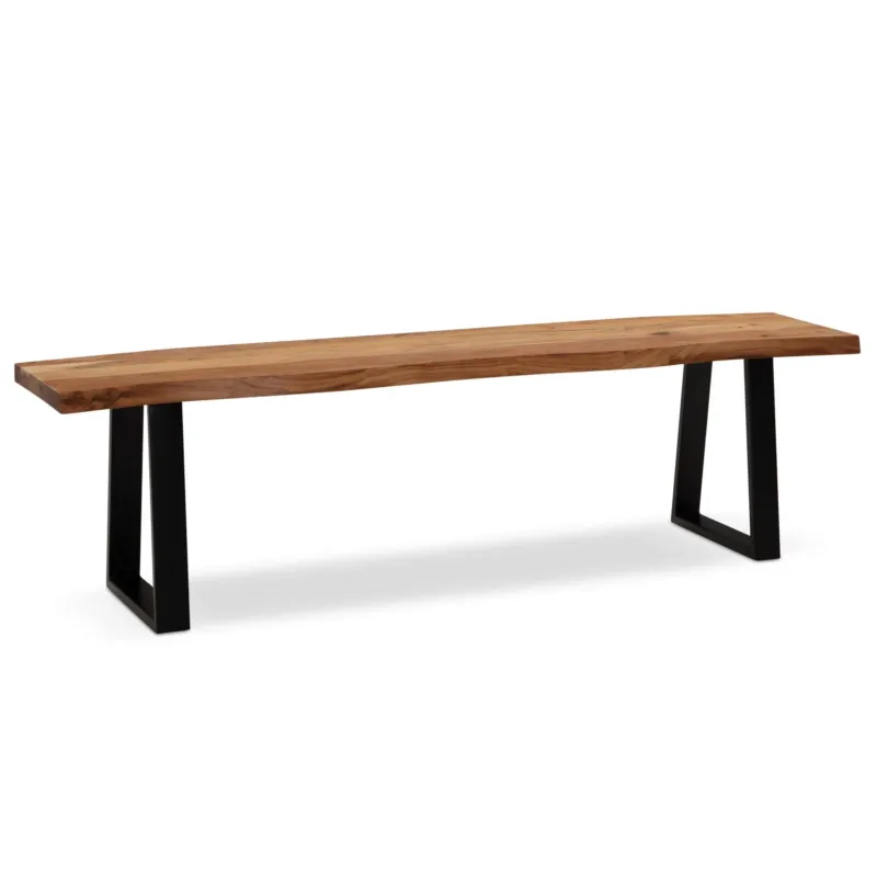 Esszimmerbank 180cm Akazie Massivholz Metall Baumkante Modern in Gesamtansicht mit Holzplatte und schwarzen Metallbeinen.