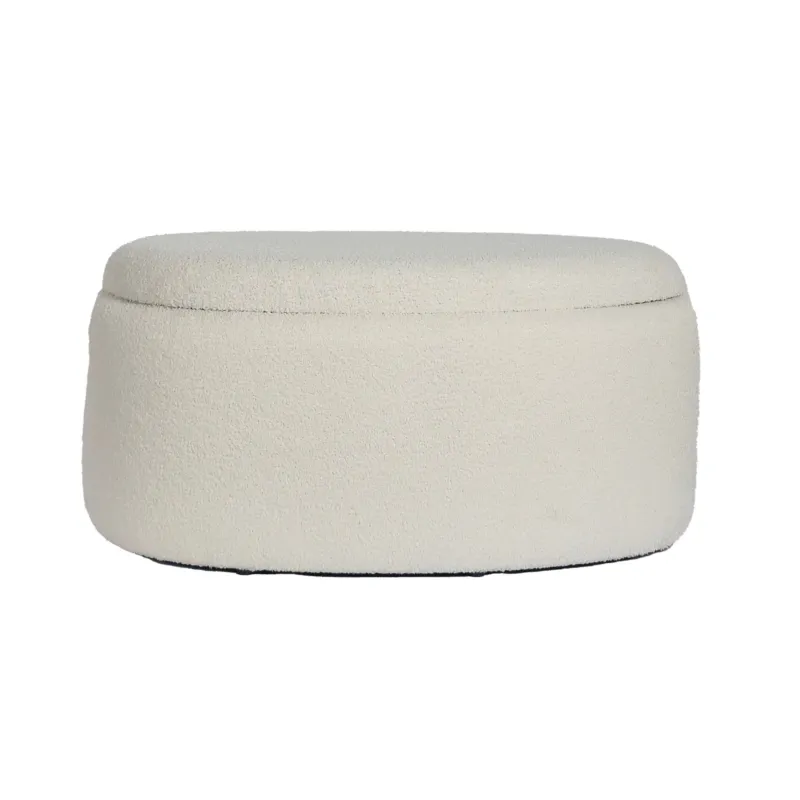 Ovaler Sitzhocker mit Stauraum in Creme aus Polyester, Gesamtansicht von vorne.
