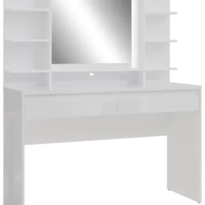 Schminktisch LAYTON Weiß High Gloss mit beleuchtetem Spiegel und seitlichen Ablagefächern, Gesamtansicht von vorne.