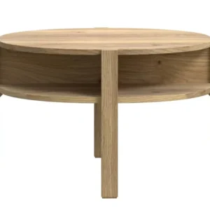 Wohnzimmertisch Couchtisch TOBAGO rund in Eiche mit Holzgestell und offenen Fächern, Gesamtansicht.