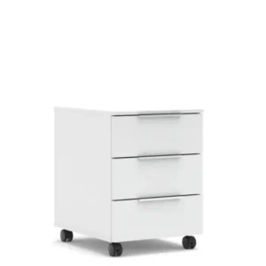 Rollcontainer SANTORIN Weiß & weißes Glas mit drei Schubladen und Rollen in Gesamtansicht.