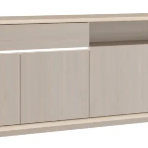 Sideboard Kommode FICAR mit LED in Riva Eiche und Imbiah Pine, Gesamtansicht von vorne.