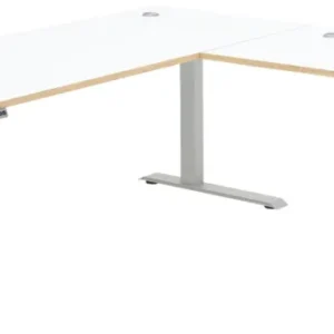Höhenverstellbarer Eckschreibtisch MEMPHIS in Weiß mit Holzplatte und silbernem Metallgestell, Gesamtansicht von oben.