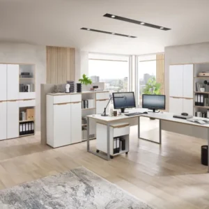 Komplettbüro MEMPHIS IX Weiß/Artisan Eiche mit zwei Schreibtischen, Schränken und Regalen in moderner Raumansicht.
