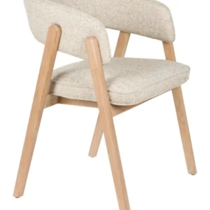 Sessel Bright Beige mit geschwungener Rückenlehne und Eichenholzgestell in Gesamtansicht.