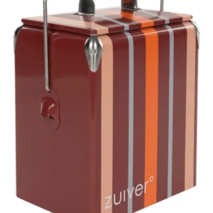 Kühler Cooler Be Wine Stripes Burgundy in Rot mit vertikalen orange-grauem Streifenmuster und Tragegriff, Vorderansicht.