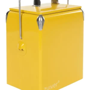 Gelbe Kühlbox Be Wine Olive mit Metallbügel und Kunststoffgriffen in Gesamtansicht.