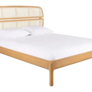 Bett Storm 180x200 aus Eschenholz in Natur mit geflochtener Rückenlehne, Gesamtansicht.