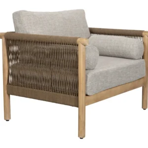 Loungesessel Oasis mit grauem Polster und Akazienholzgestell, Seilgeflecht an den Seitenlehnen, Gesamtansicht.