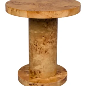 Beistelltisch Quinn Natural aus Eukalyptus-Sperrholz mit runder Tischplatte und zylindrischem Gestell in Gesamtansicht.