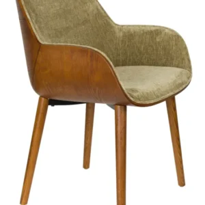 Sessel Taylor Green mit grünem Polsterbezug und geschwungener Rückenlehne aus Eschenholz in Gesamtansicht.