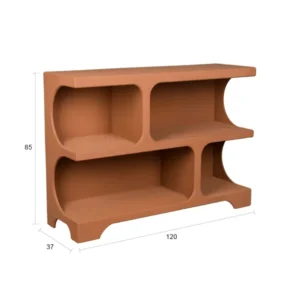 Regal Dundee M in Terracotta mit zwei offenen Fächern und ausgeschnittenen Seitenelementen, Gesamtansicht mit Dimensionen.