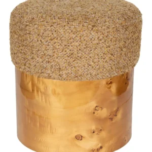 Hocker Burlin Dutchbone mit graubraunem Wollstoffpolster und rundem Eukalyptusholzgestell in Naturholzoptik, Gesamtansicht.
