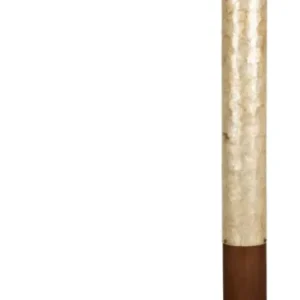 Stehlampe Beam mit zylindrischem Acryl-Schirm in Beige und dunklem Holz-Sockel, Gesamtansicht.