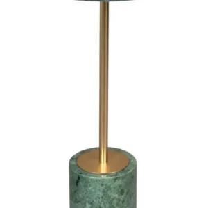 Beistelltisch Gunnar Dutchbone mit runder grüner Marmorplatte und zylindrischem Sockel mit goldenem Schaft.