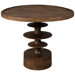 Gesamtansicht des Couchtisch Cath mit runder Mangoholz-Tischplatte und gestuft ausgebildetem Holzgestell in Walnuss-Finish.