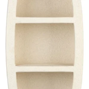 Wandregal Veda mit 2 Böden aus recyceltem Marmor in Beige, Gesamtansicht von vorne mit drei Ablagefächern.