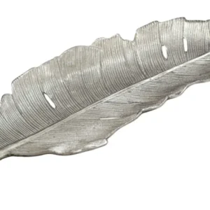 Dekoschale Blatt Wohnling 80 cm in Silber mit strukturierter Blattoberfläche und durchbrochenen Details, Gesamtansicht.