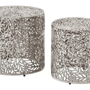 Satztisch Aluminium 2er-Set in Silber mit Blattmuster, Gesamtansicht beider Tische nebeneinander.