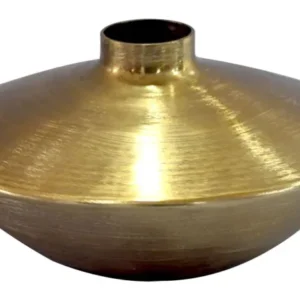 Tischvase Aluminium Gold 35 cm mit flacher, schüsselförmiger Form und zentralem Hals in matter Goldfinish, Gesamtansicht.
