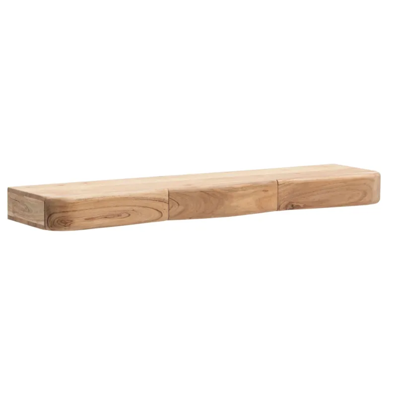 Wandregal Akazie Massivholz 100cm mit 3 Schubladen in Gesamtansicht von der Seite mit sichtbaren Holzmaserungen.