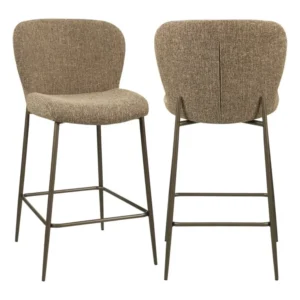 Barhocker Odarby Brown Tweed von vorn und hinten mit gepolstertem Bezug und Metallgestell.