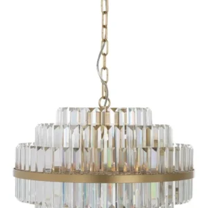 Pendelleuchte Desire Richmond Brushed Gold mit mehretagiger Kristallbesatzform in Gesamtansicht.