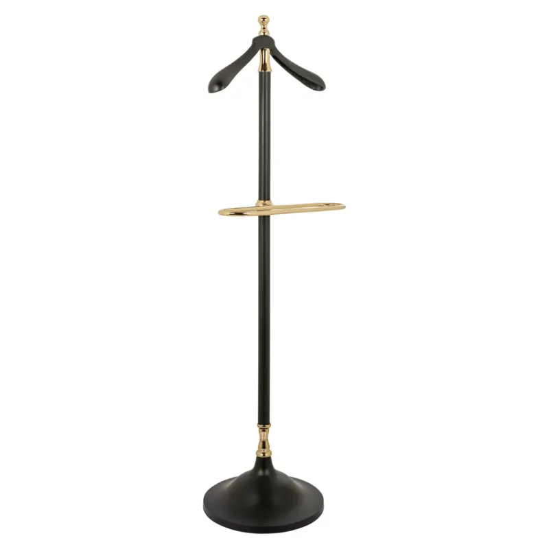 Garderobe Balley black mit schwarzem Metallgestell, goldfarbenen Akzenten und ausklappbaren Armen in Gesamtansicht.