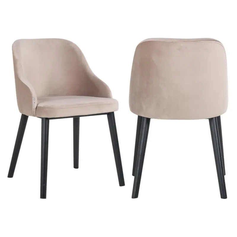 Esszimmerstuhl Twiggy Richmond mit Samtstoffbezug in Beige und schwarzen Holzbeinen, Vorder- und Rückansicht.