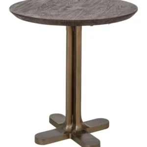 Bistro-Tisch Revelin dunkelbraun Ø75 cm mit runder Mangoholz-Platte und Metallgestell in Goldton, Gesamtansicht.