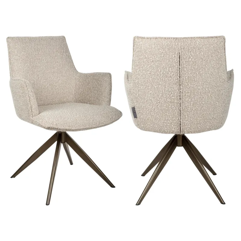 Esszimmerstuhl Dakota Natural Chunky mit Armlehne und Drehfunktion, Vorder- und Rückansicht mit beigem Bezug.