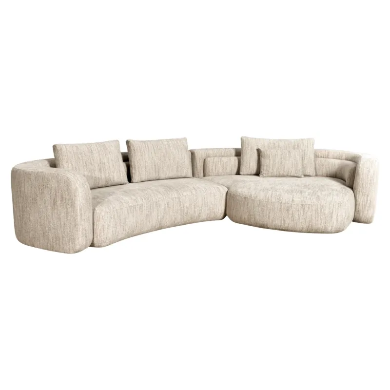 Sofa Augusto Lounge rechts Natural Softweave mit geschwungenen Armlehnen und Lounge-Bereich rechts, Gesamtansicht.