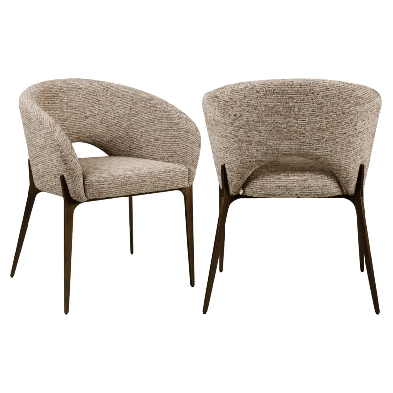 Esszimmerstuhl Kenzi mocca linear von vorne und hinten mit beige strukturiertem Polsterbezug und metallgestell.