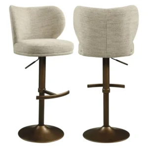 Barhocker Amely Richmond mit beigem Bezug und dunklem Metallgestell, Vorder- und Rückansicht.