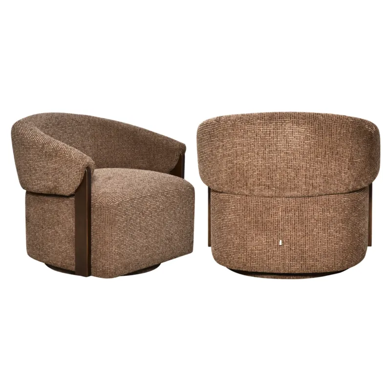 Lounge Stuhl Marina in Brown Blockweave von vorne und von der Seite mit gepolsterter Rückenlehne und rundem Sitz.