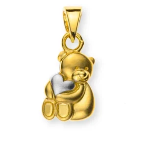 Anhänger Teddybär Gelbgold 750 gesandelt rhodiniertes Herz