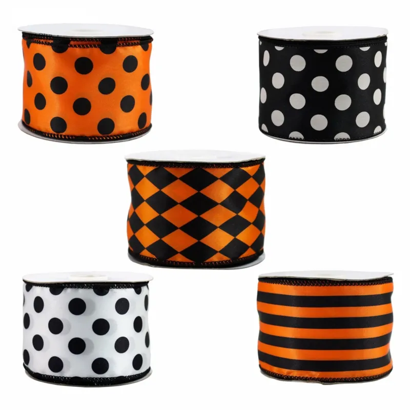 2.5 Inch Polka Dot,Stripe,Diamond Dot Halloween Ribbons 5 Pack